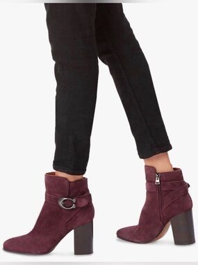 COACH Delaney Burgundy Suede Signature Buckle Ankle Booties Block Heel Size 9